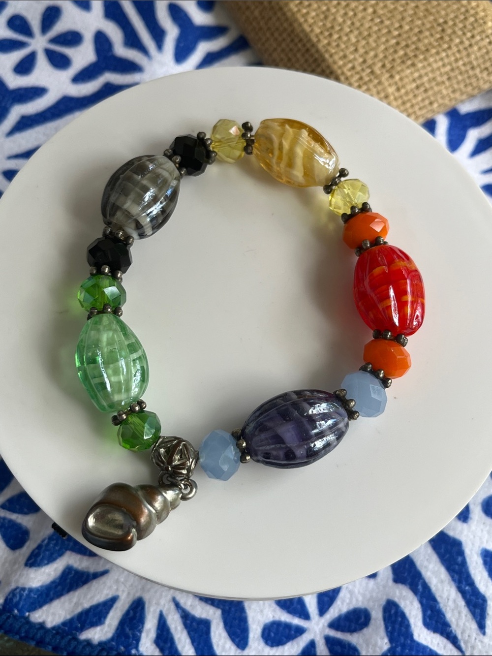 Handmade Glass Bead Bracelet in Green, Yellow & Gray - Picture 4 of 10